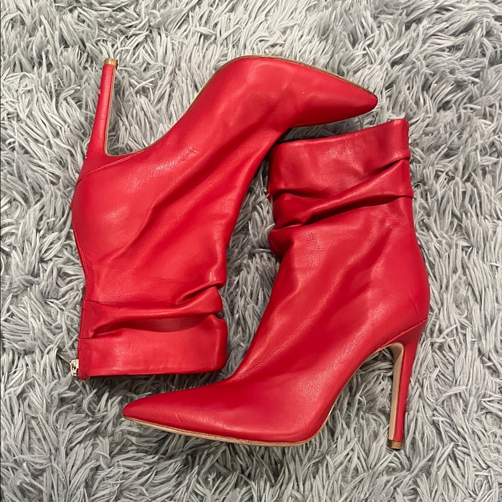 Jessica Simpson Red Pointed Stiletto Ruched Ankle Boots